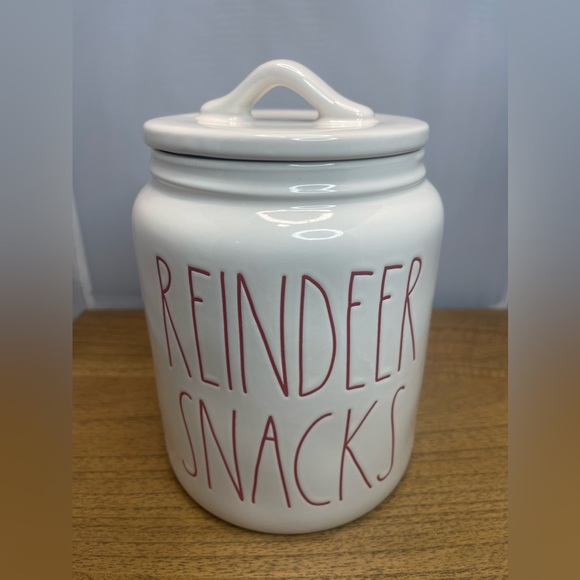 Kitchen Rae Dunn Reindeer Snacks Canister Red Writing Ceramic Christmas Themed Poshmark